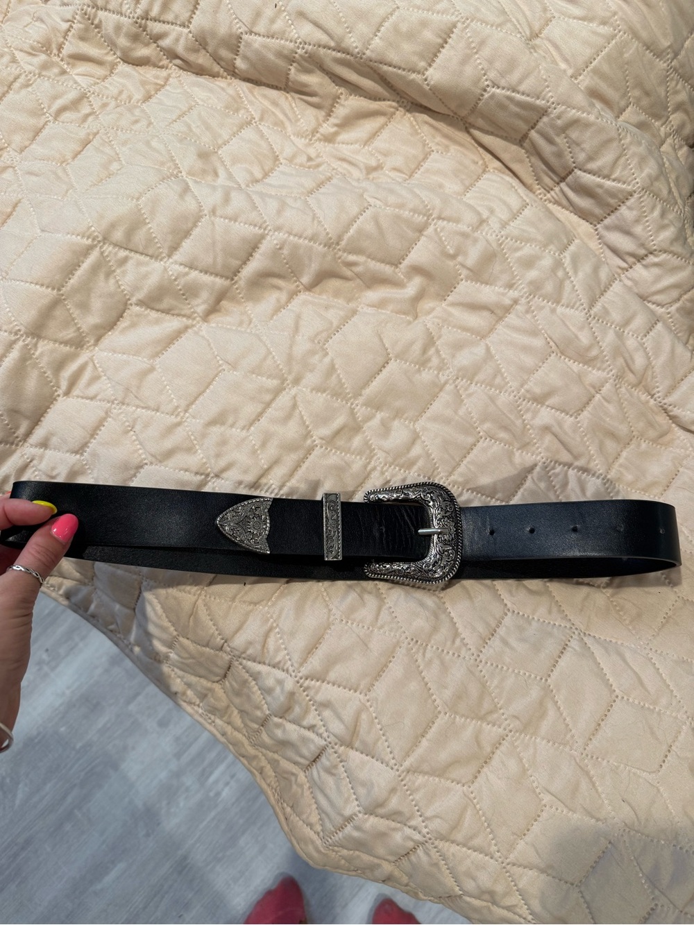 Black Western-Style Leather Belt with Silver Buckle